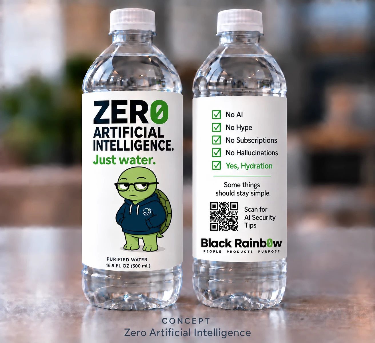 Concept: two bottles of water labeled Zero Artificial Intelligence. Just water.