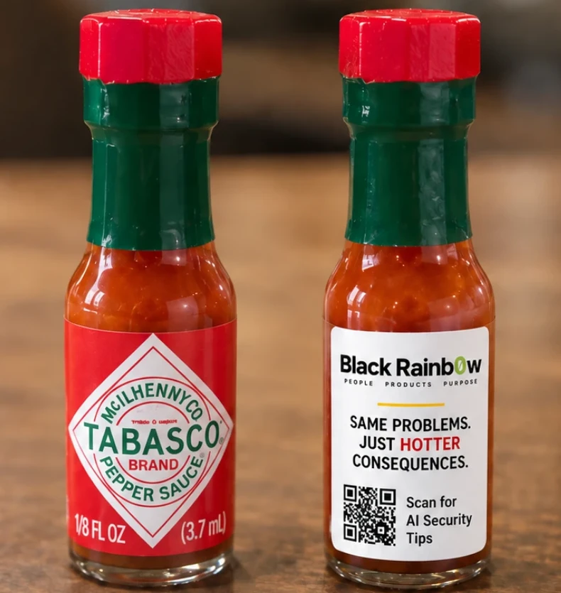 Two mini hot sauce bottles: the original front and a custom Black Rainb0w back label with a QR code