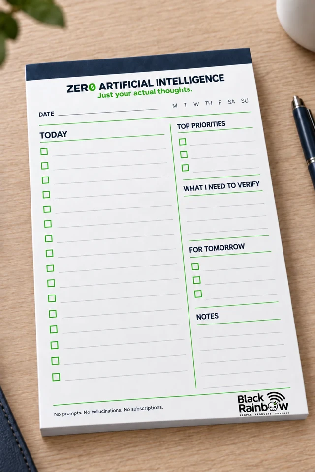 Zero Artificial Intelligence notepad with a daily checklist and a Black Rainb0w logo, on a wooden desk